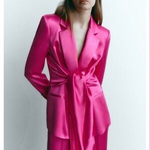 NWT Zara Hot Pink Satin Structured Blazer With Sash